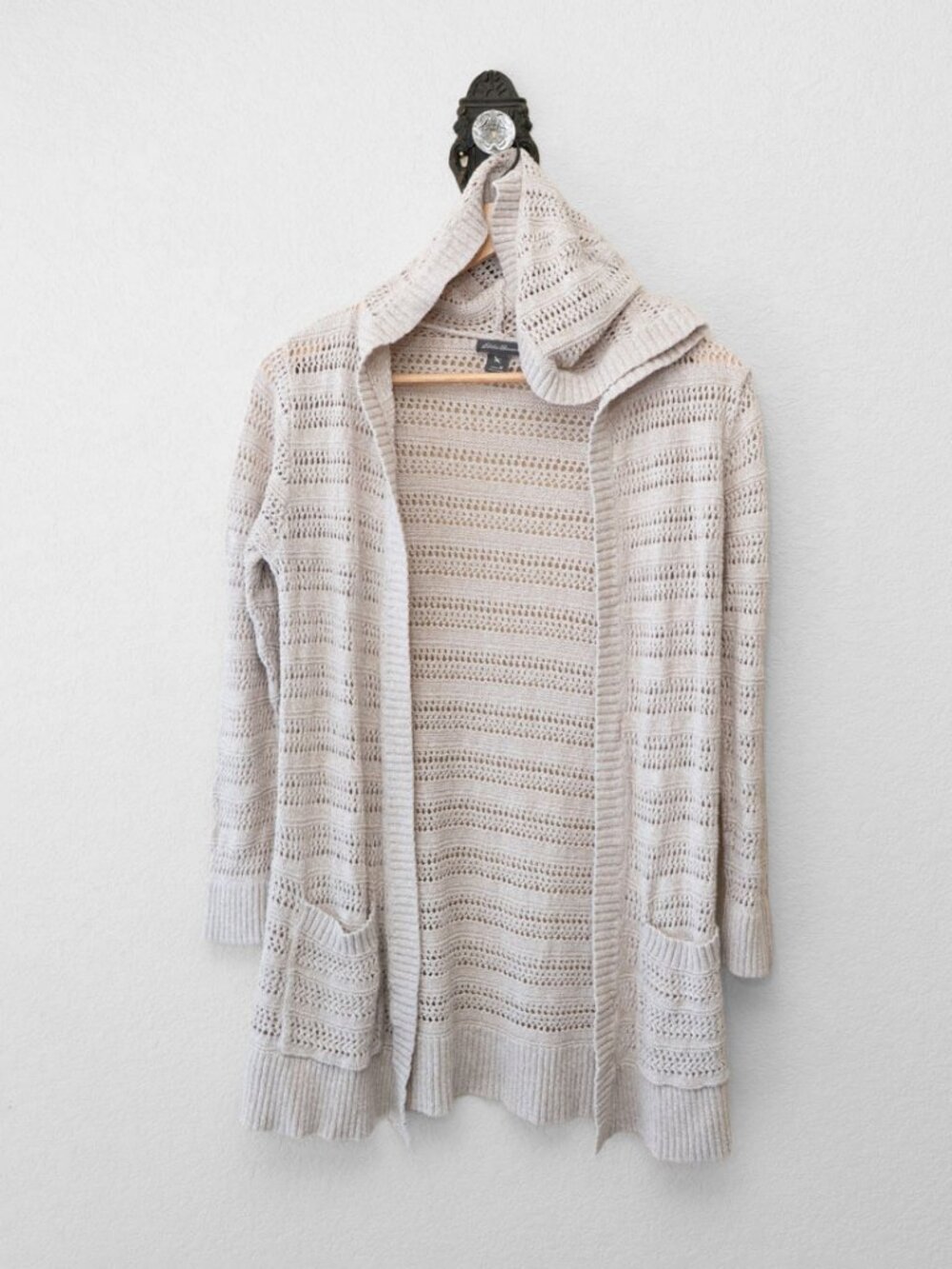 Eddie Bauer Sandshore Cardigan M Linen Cotton Hooded Open Knit Coastal Pockets